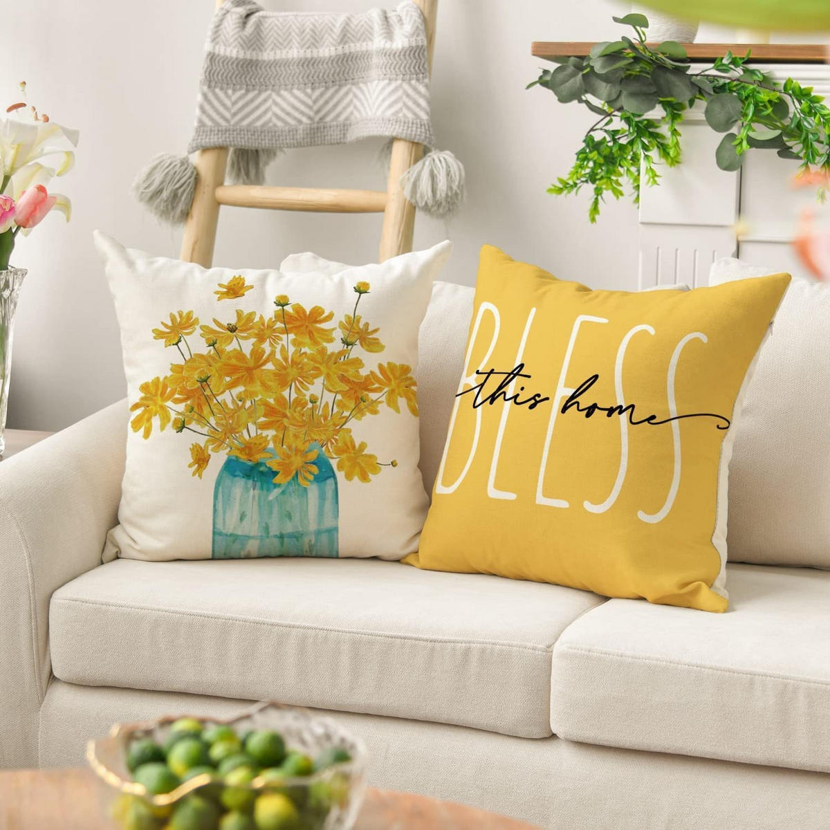 KISSENHÜLLE 4er Set, Blume Biene, Leinen, Cozy Home, 45x45cm - Gelb, Textil (45/45cm) - Weltevree