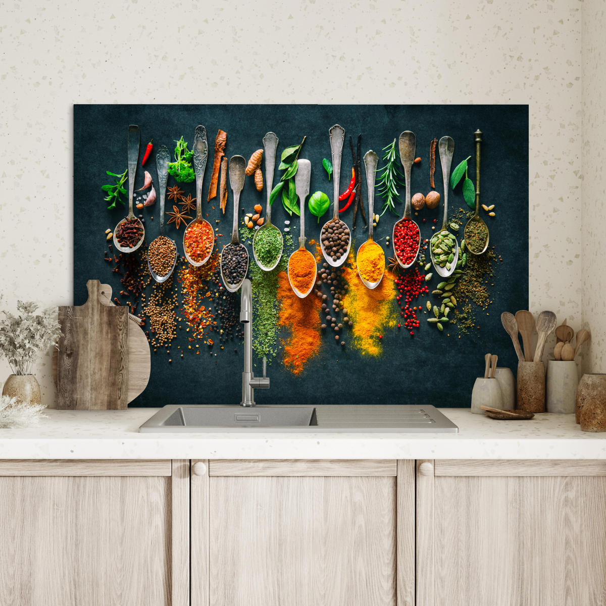 SPRITZSCHUTZ KÜCHE Kräuter - Gewürze - Löffel 90x60 cm - Multicolor, Metall (90/0.3/60cm) - MuchoWow