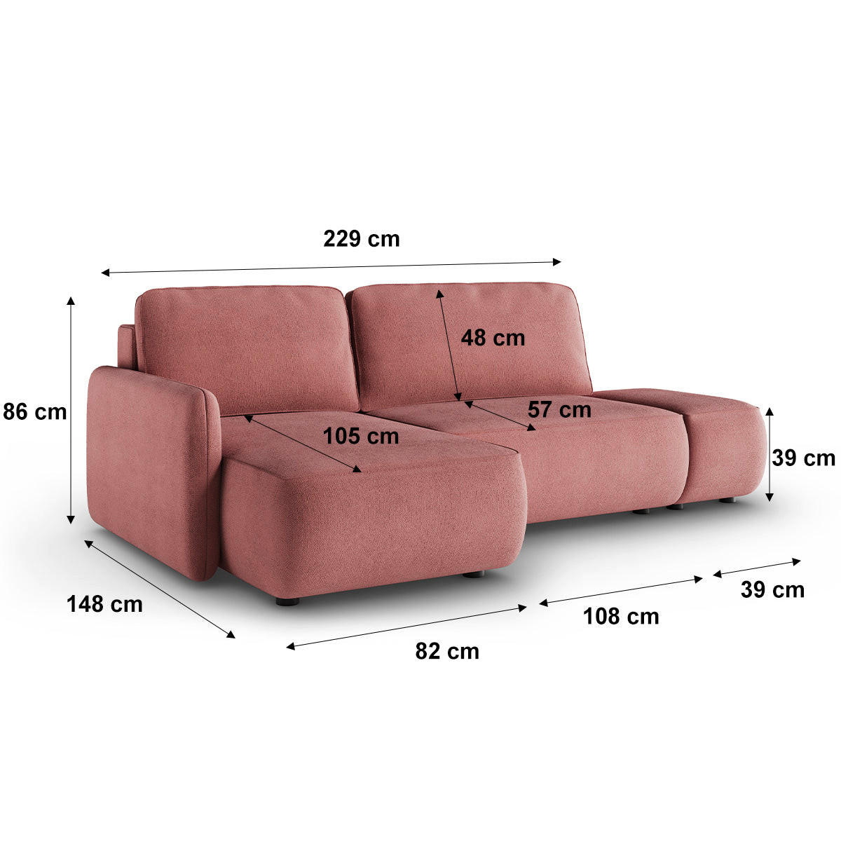 ECKSOFA Alessio 3 Sitzplätze Rose - Pink, Holz (229/148cm) - Petits-meubles