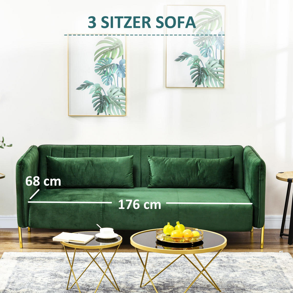 3 Sitzer Sofa Gästesofa mit 2 Sitzkissen, dreier Couch mit Armlehne, Grün - Grün, Kunststoff/Textil (88/76/200cm) - HOMCOM