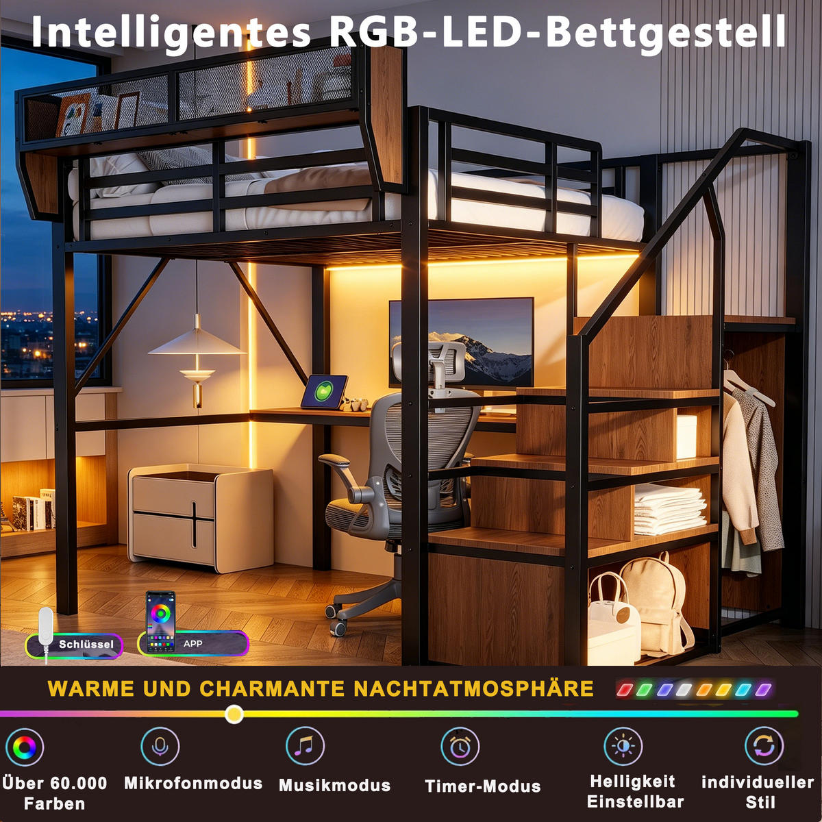 HOCHBETT 140/200 cm in Schwarz mit LED-Lichtleiste, Schreibtisch, Sicherheitsleiter und Stauraum - Schwarz, Metall (140/200cm) - STILVORA