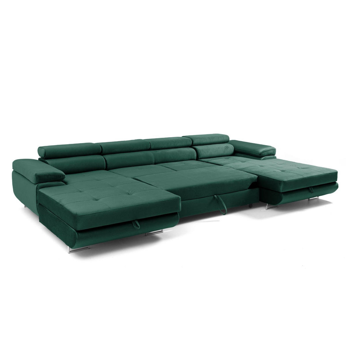 ECKSOFA U-Form ALONZO U mit Schlaffunktion 130x280 Velours Grün - Silberfarben/Grün, Holz/Textil (350/90/203cm) - Muffo