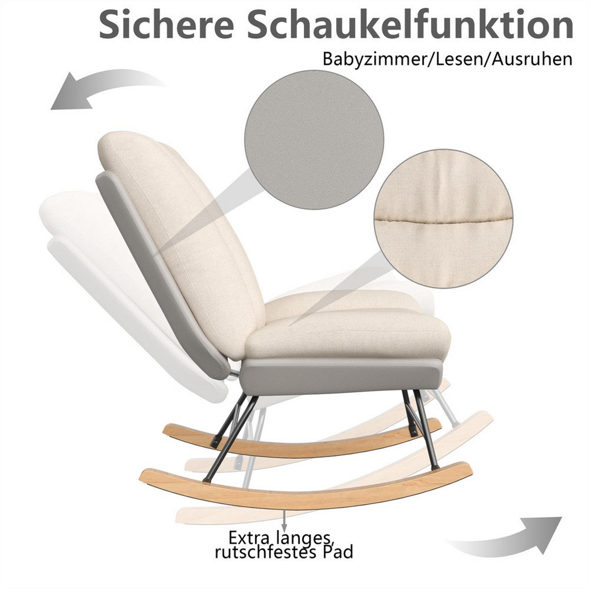 SCHAUKELSTUHL - 5-stufig verstellbare Rückenlehne und Klettverschluss-Fixierung - Cremeweiß-Grau - Creme, Textil (74/710/57cm) - DELFA