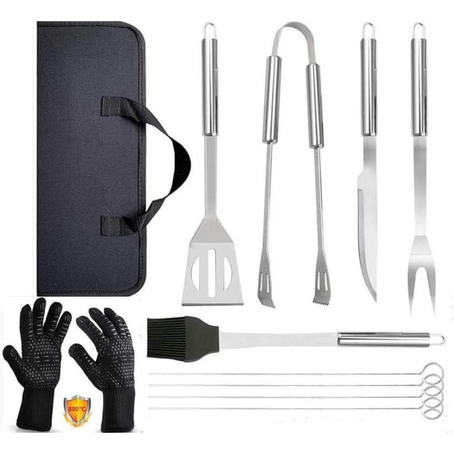 GRILLBESTECK-SET 9-teilig mit Grillhandschuhen Hitzebeständig bis 800°C Schwarz - Schwarz, Metall (38.5cm)