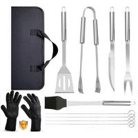 GRILLBESTECK-SET 9-teilig mit Grillhandschuhen Hitzebeständig bis 800°C Schwarz - Schwarz, Metall (38.5cm)