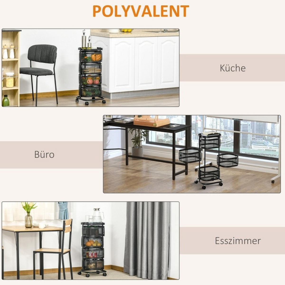 ROLLWAGEN mit 4 Ebenen 33 x 33 x 77 cm Schwarz - Schwarz, Metall (33/77/33cm) - Beauniv