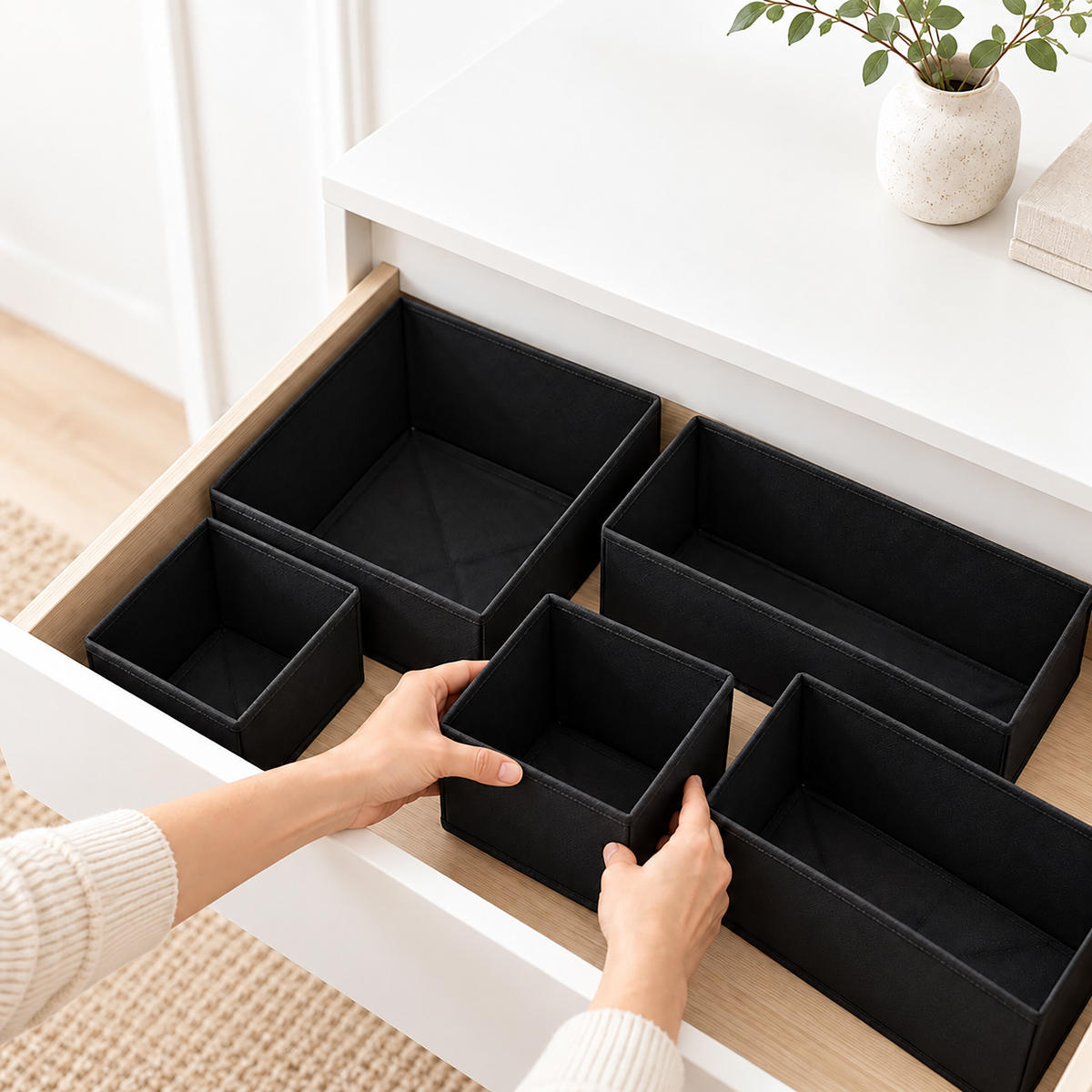 SCHUBLADENORGANIZER Schwarz 16er-Set Vliesstoff - Schwarz, Papier/Textil (28/12/28cm) - Relaxdays