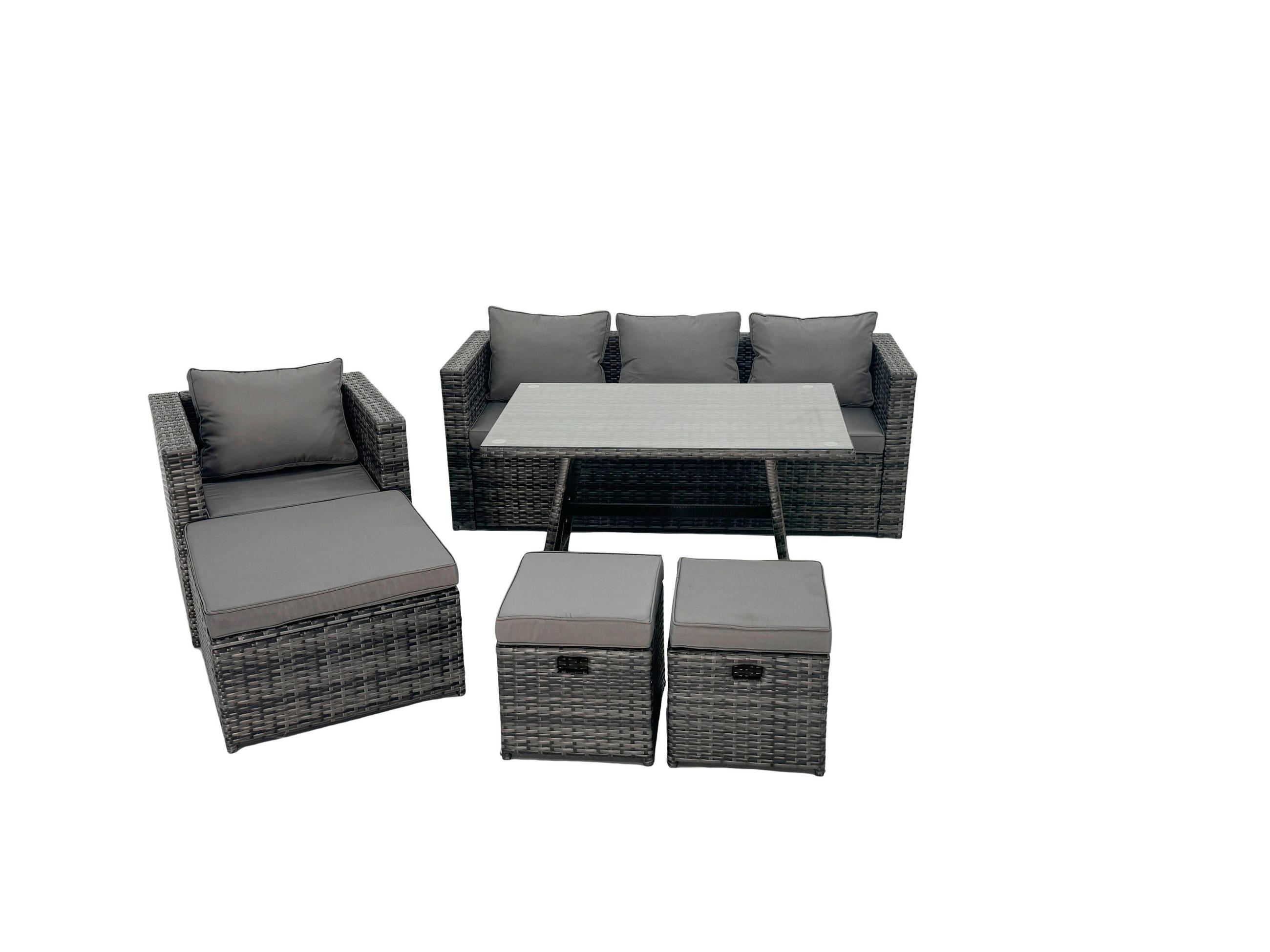 GARTENMÖBEL SET Polyrattan 7-Sitzer - Dunkelgrau/Grau, Glas/Kunststoff - Fimous