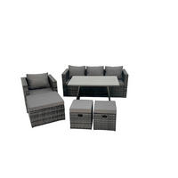 GARTENMÖBEL SET Polyrattan 7-Sitzer - Dunkelgrau/Grau, Glas/Kunststoff - Fimous