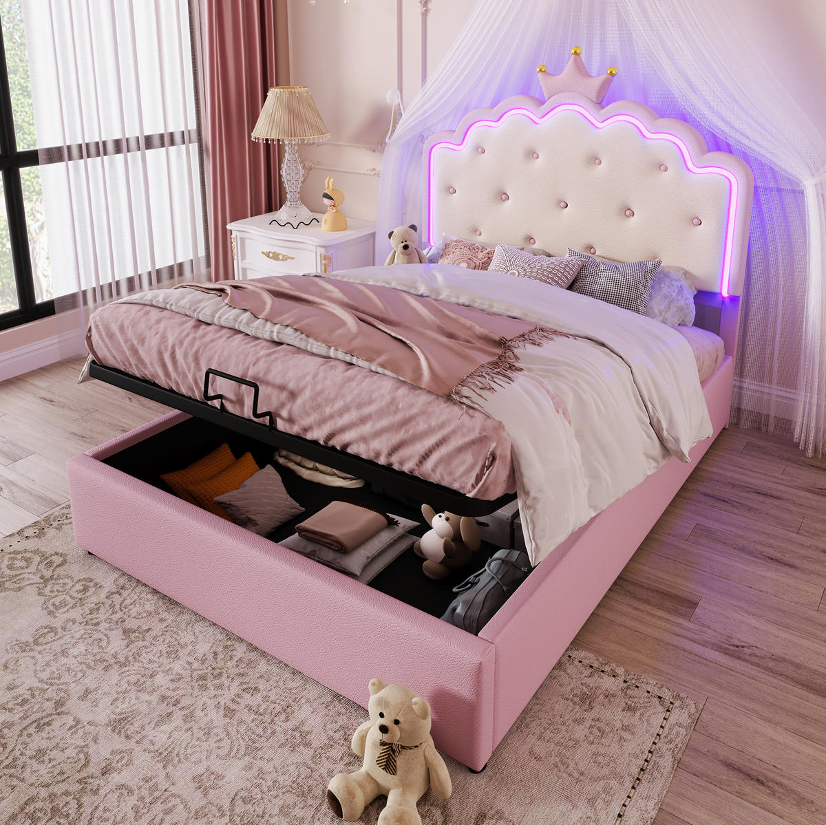 POLSTERBETT mit LED und Stauraum 140x200 cm PU Rosa mit Lattenrost - Pink, Metall (140/200cm) - Beauniv