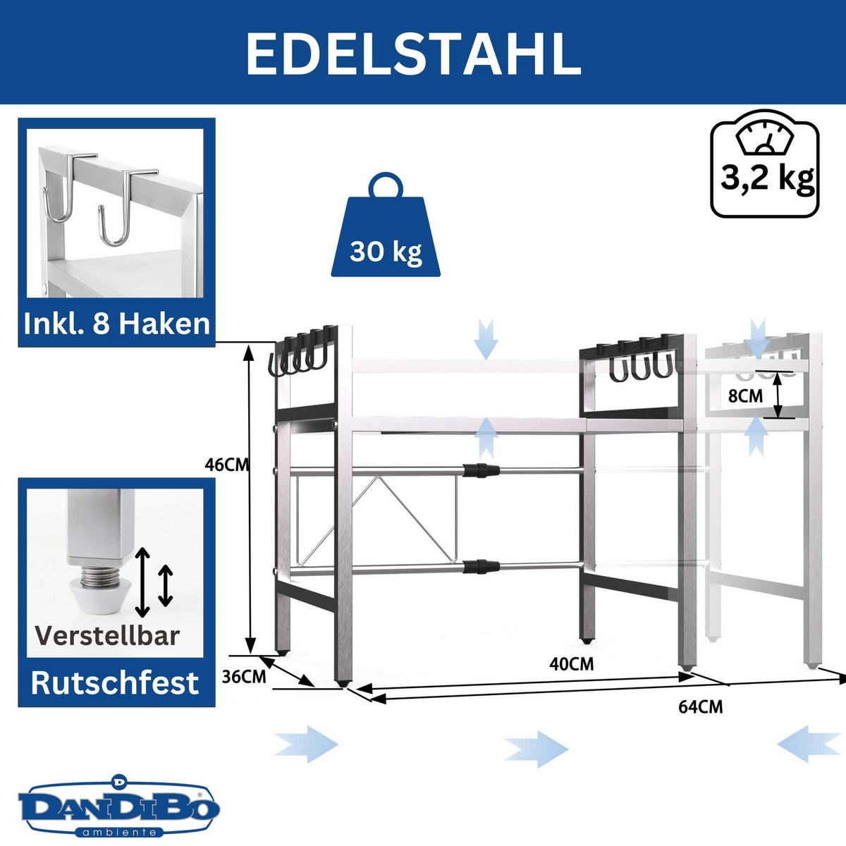 MIKROWELLENREGAL Edelstahl 2 Stufig 40-64 cm - Silberfarben, Metall (64/46/36cm) - DanDiBo