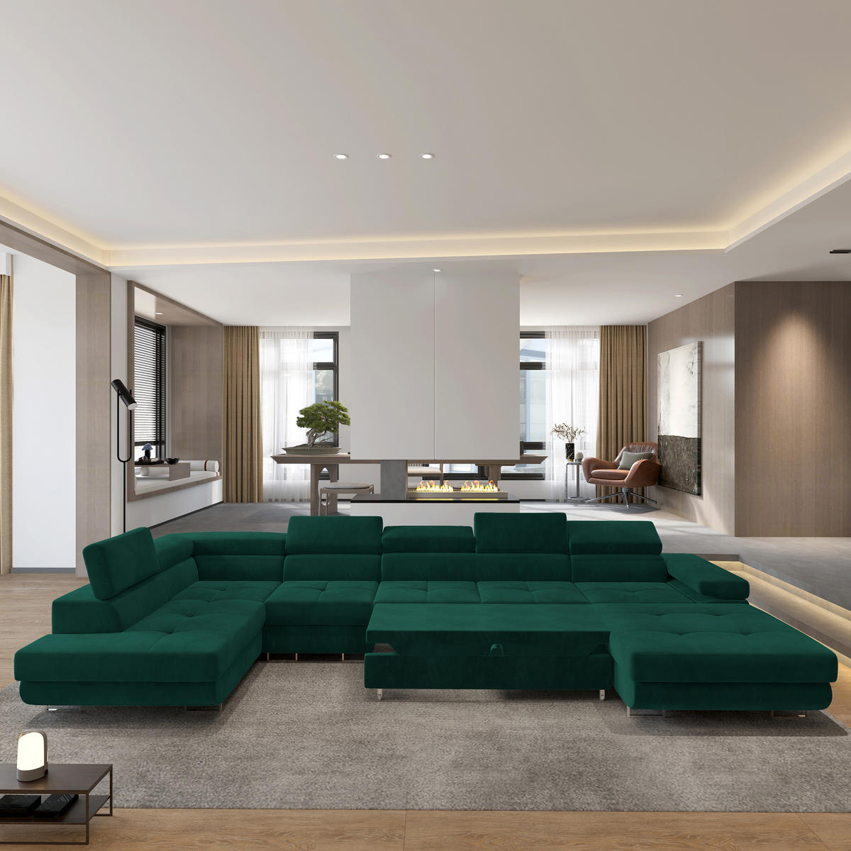 WOHNLANDSCHAFT VELORA L-S Grün Velours-Stoff mit Schlaffunktion - Grün, Holz (419/90/202cm) - MASSENO