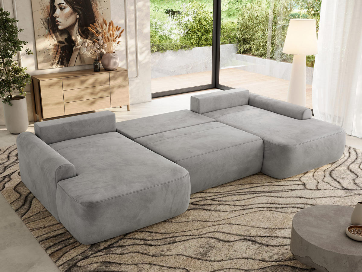 WOHNLANDSCHAFT CUBO U Hellgrau Velvet - Hellgrau/Schwarz, Kunststoff/Textil (370/100/187cm) - MKS