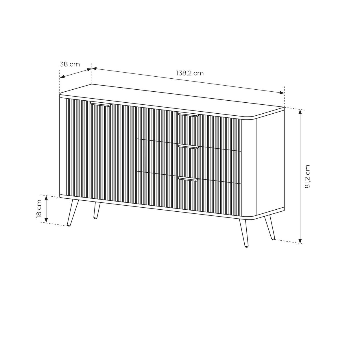 SIDEBOARD LEKNES KOM3 Reliefierte Fronten aus MDF-Platte Schwarz Schwarz - Schwarz, Glas/Holzwerkstoff (138/81/38cm) - Komodee