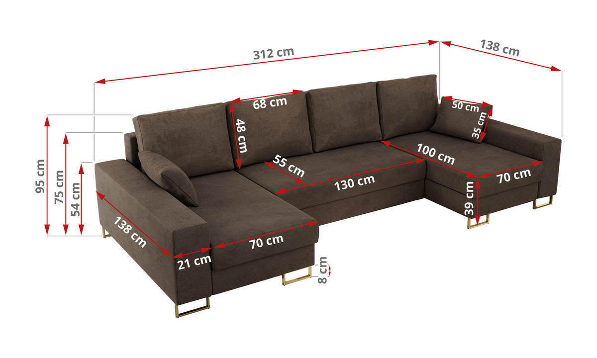 WOHNLANDSCHAFT DORIAN U Velvet Braun - Goldfarben/Braun, Textil/Metall (312/95/138cm) - MKS