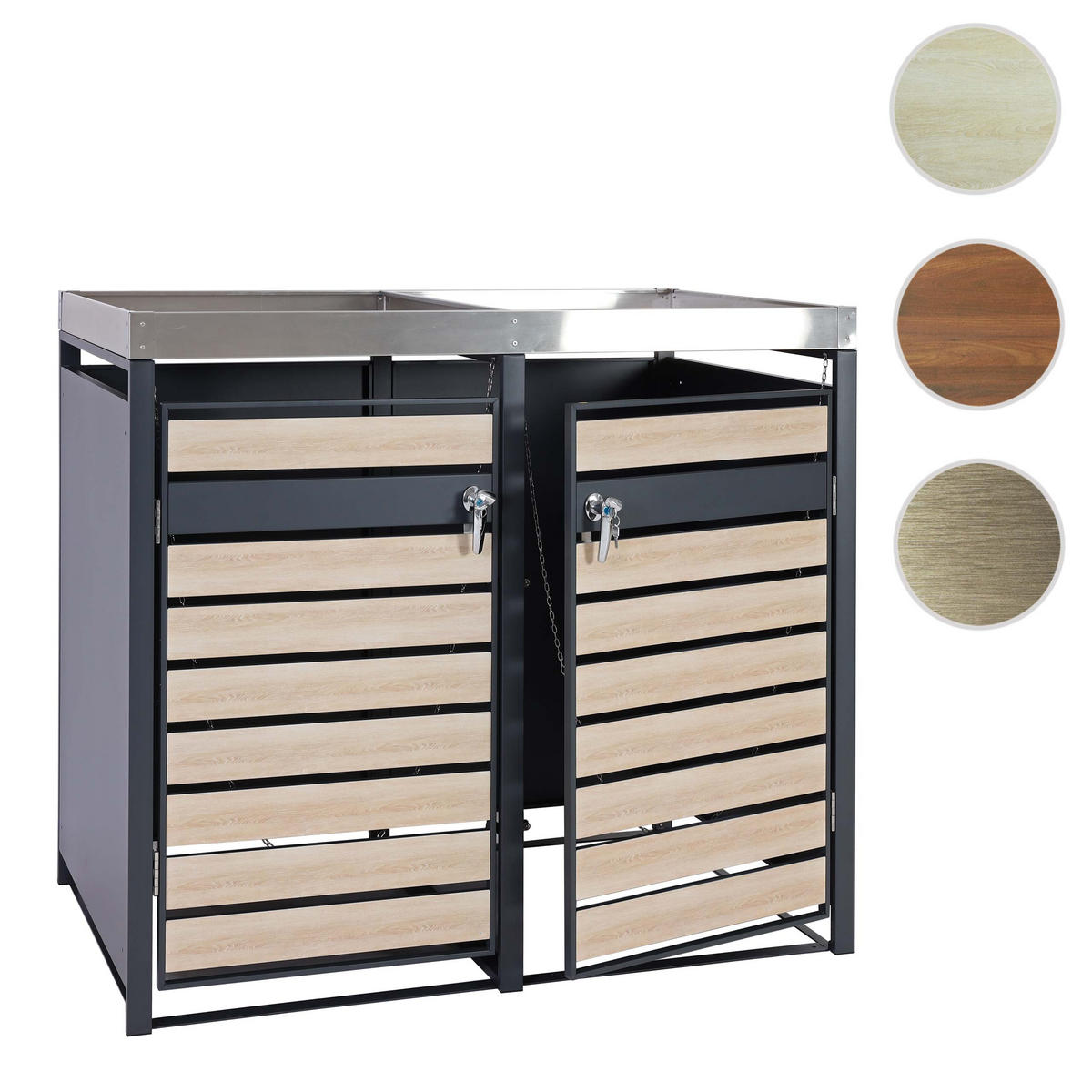 MÜLLTONNENBOX 2er mit Pflanzkasten 125x132x80cm Anthrazit Buche-Holzoptik erweiterbar - Hellbraun, Metall (132/125/80cm) - PROREGAL