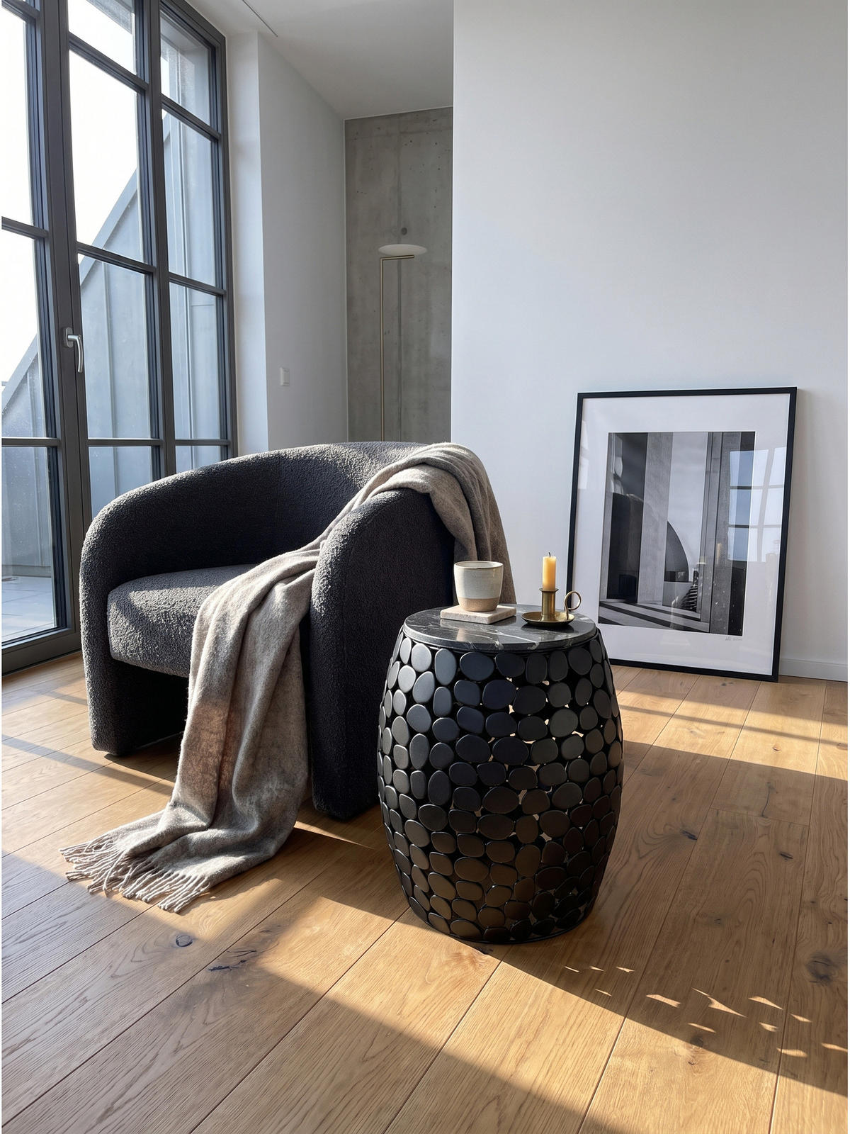 BEISTELLTISCH DIEMEL, Marmor, handgefertigt, Schwarz, Ø 40 x 46 cm - Schwarz, Stein/Metall (40/40/46cm) - KADIMA DESIGN