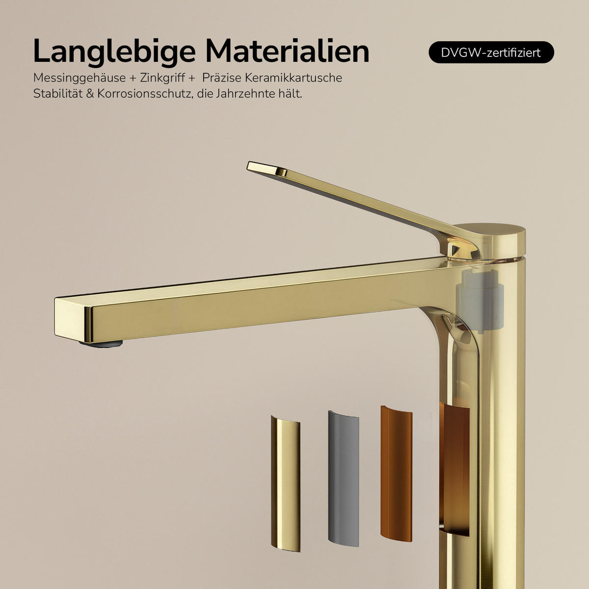 WASCHTISCHARMATUR mit Zertifiziertem Filterelement Champagnergold Hoher Stil - Goldfarben, Metall (23.3/4.6/33.5cm) - EMKE