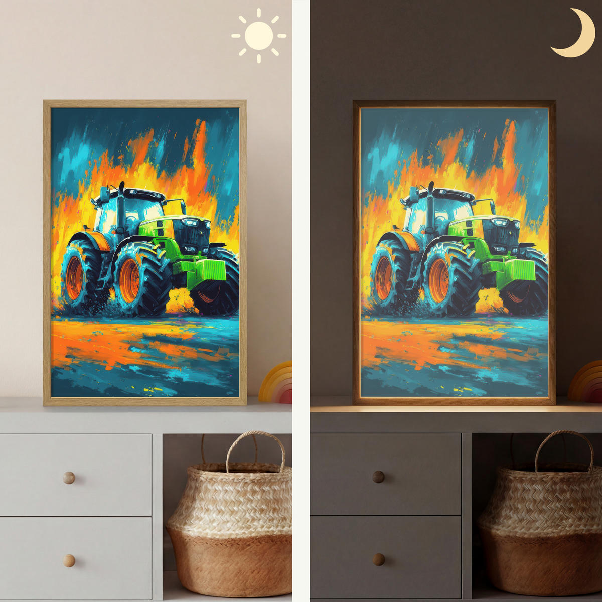 NÁSTĚNNÁ LAMPA S AKUMULÁTOREM Abstrakt - Traktor - Zelený 40x60 cm - tmavě modrá, kompozitní dřevo (40/60/8cm) - OnlyWow