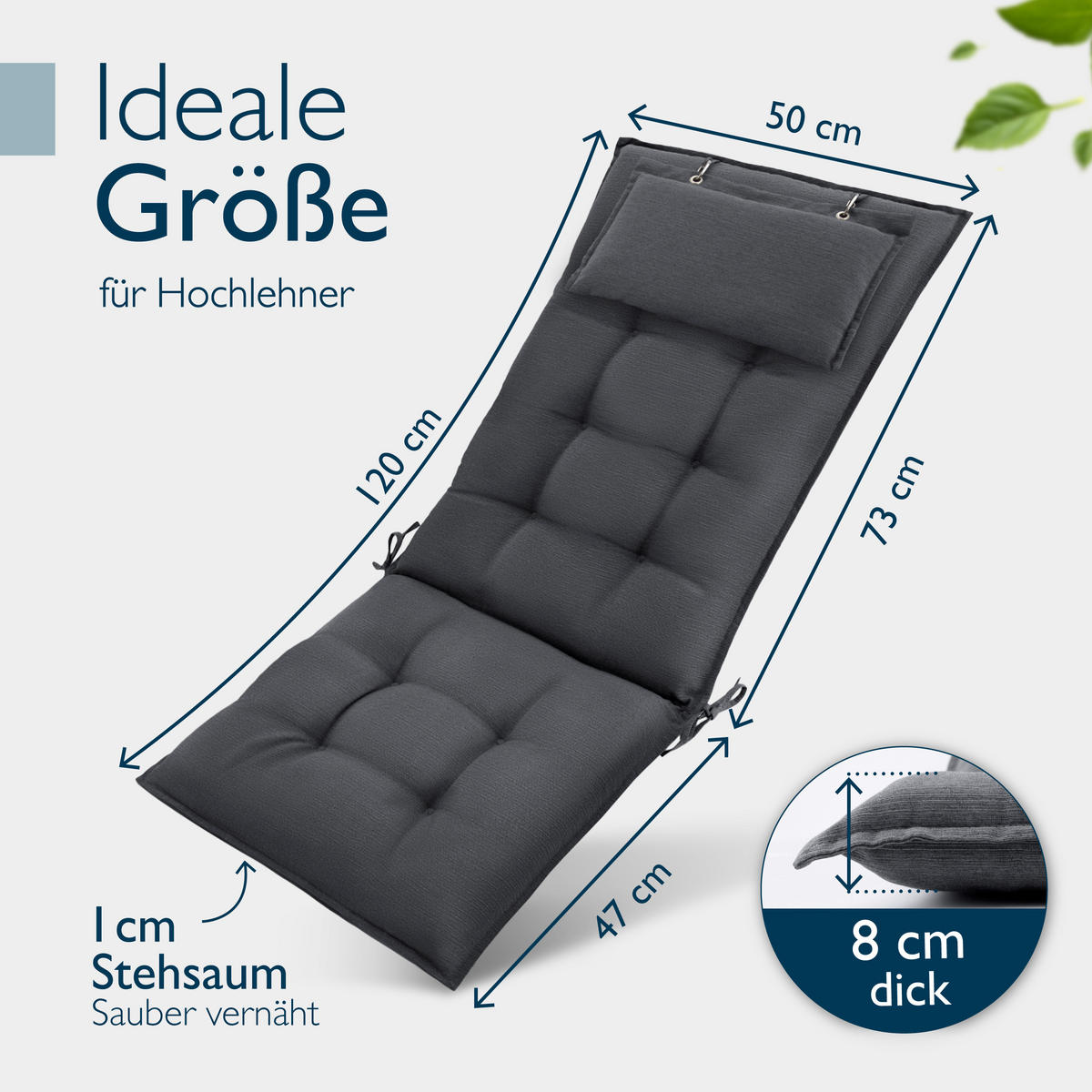 HOCHLEHNERAUFLAGE Sun-HL 119/50/8cm Anthrazit - Anthrazit, Textil (50/8/119cm) - Beautissu 