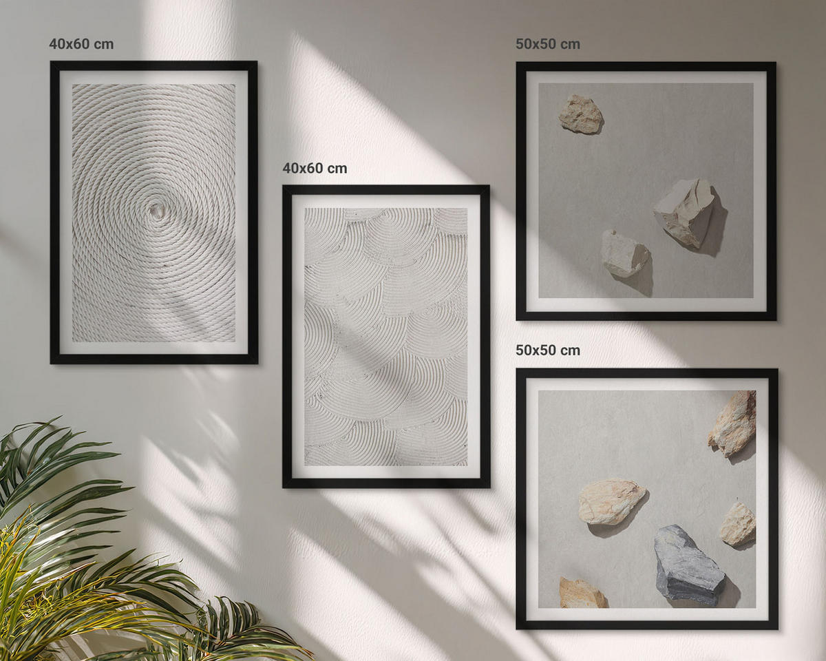 BILDER SET 4er Set - 50x50 cm & 40x60 cm Schwarzer Rahmen - Geometrische Pappsteine - Schwarz, Kunststoff (50/50cm) - TULUP