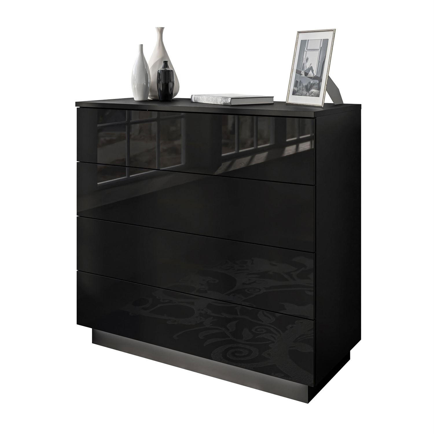 KOMMODE LINA mit Schubladen PUSH OPEN Schwarzer Glanz LED - Schwarz, Holzwerkstoff (95/84.5/40.6cm) - Lookway