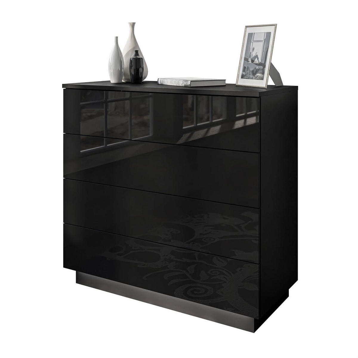 KOMMODE LINA mit Schubladen PUSH OPEN Schwarzer Glanz LED - Schwarz, Holzwerkstoff (95/84.5/40.6cm) - Lookway