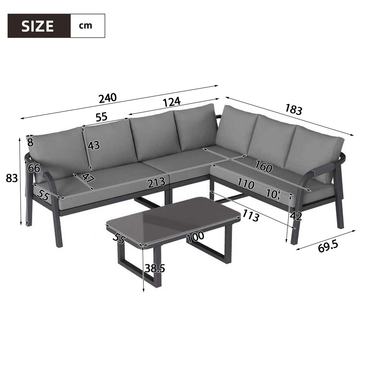 ZAHRADNÍ lounge set z polyesteru a oceli 240x183x83 cm šedý s rohovou pohovkou a konferenčním stolkem - šedá, kov - Modfu