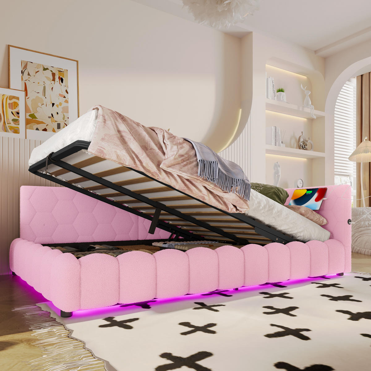 POLSTERBETT 140/200 cm Rosa aus Vliesimitat mit Stauraum - Rosa, Textil (140/200cm) - OKMYHOME
