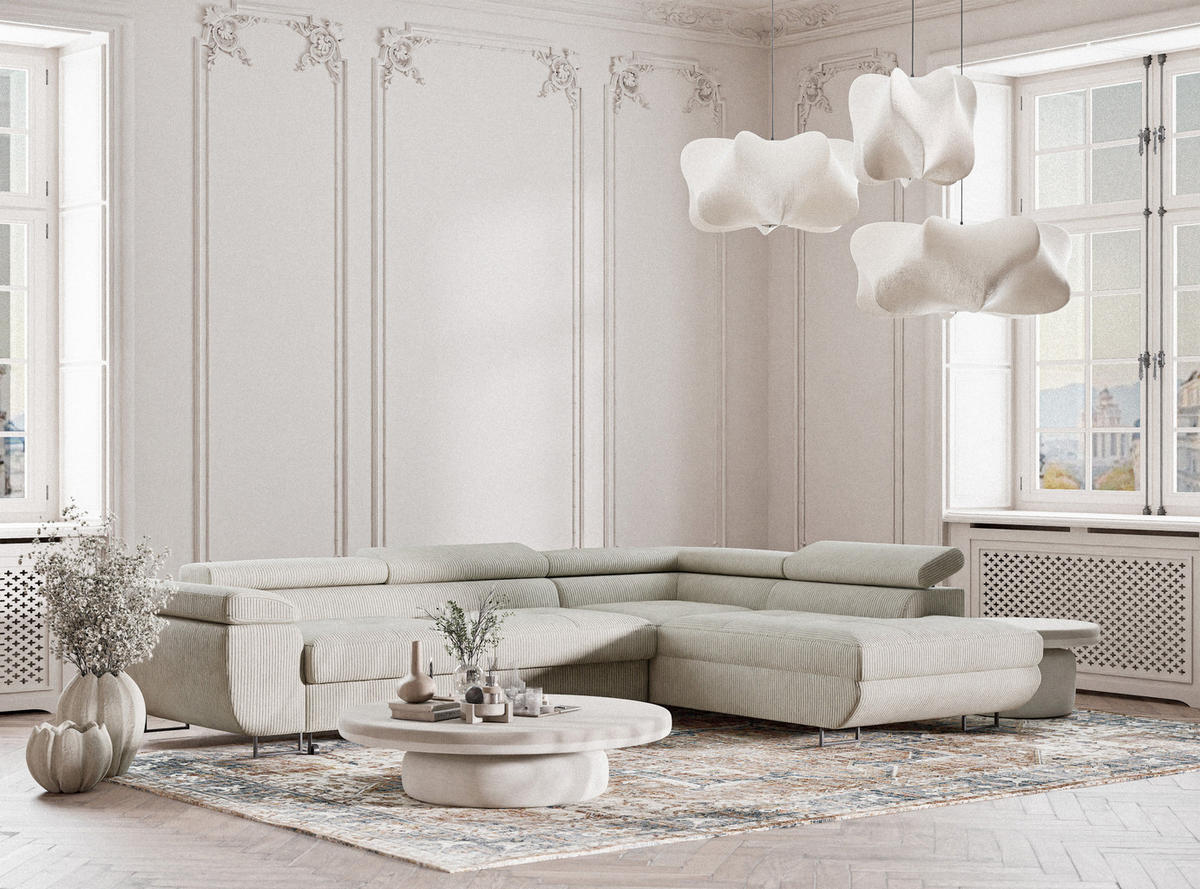ECKSOFA MIT SCHLAFFUNKTION Concord Creme Samtstoff - Creme/Schwarz, Holz/Holzwerkstoff (277/203cm) - Maison de Reve