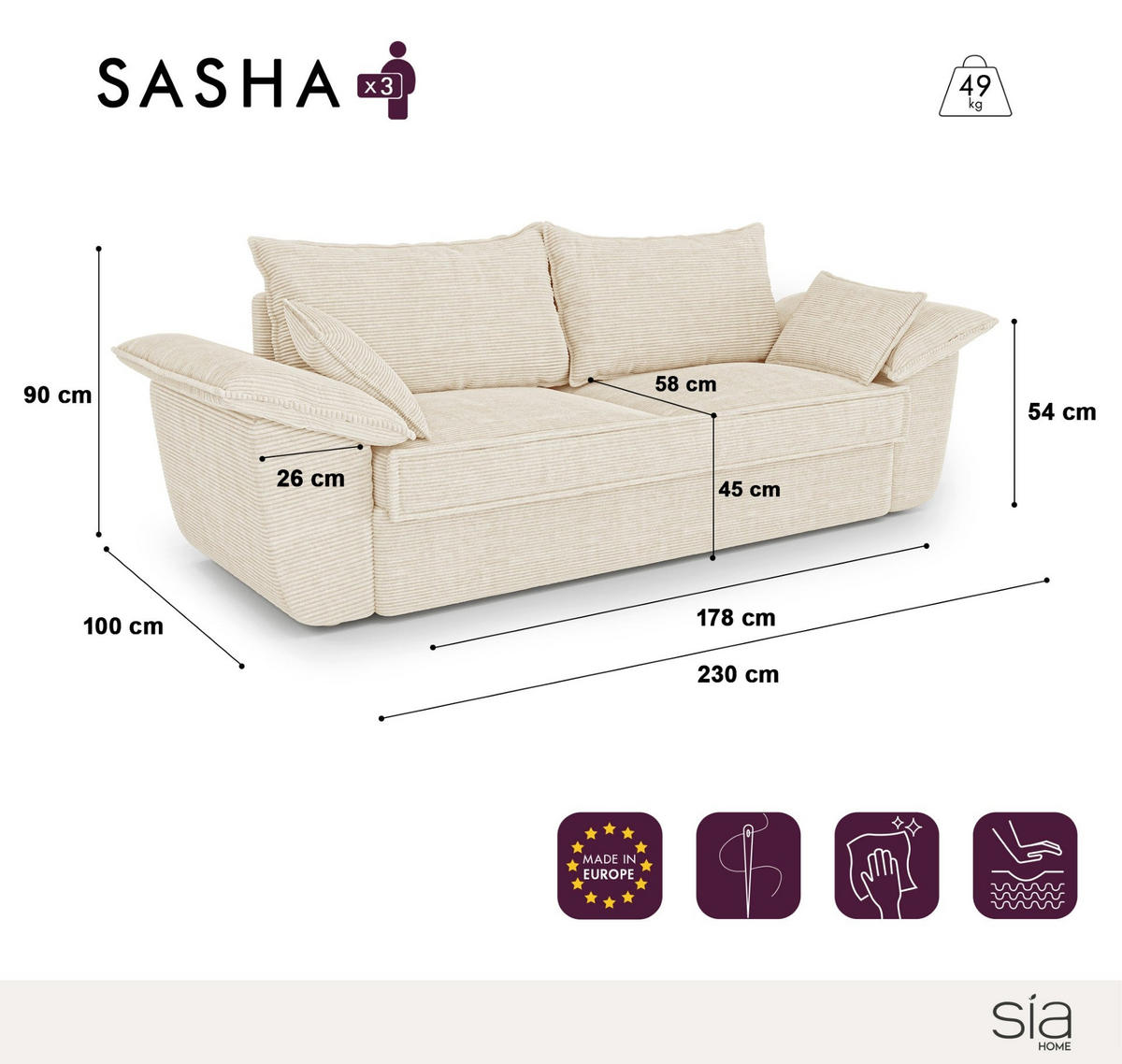 SOFA 3-Sitzer Samt Pfauenblau 232cm - Hellblau, Textil (232/92/102cm) - Sia Home