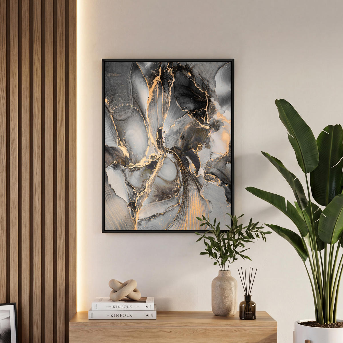 LEINWAND Bilder mit Rahmen - Grau - Luxus - Gold - Marmor - 50x70 - Dunkelgrau, Textil (50/70cm) - MuchoWow