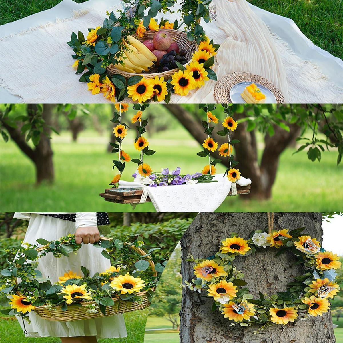 KUNSTBLUMEN-GIRLANDE Sonnenblumen 3-teiliges Set 2.45 m - Gelb, Kunststoff (8cm)