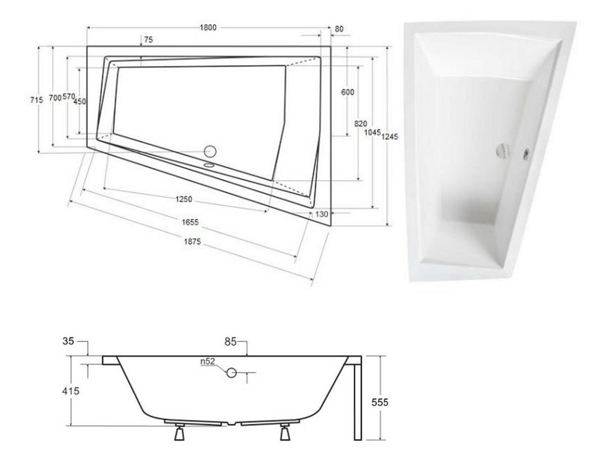 BADEWANNE Eckwanne INTIMA Rechts 180/125 + Styro + Kopfstütze Ablauf Füße - Weiß, Kunststoff (125/55.5/180cm) - bad land