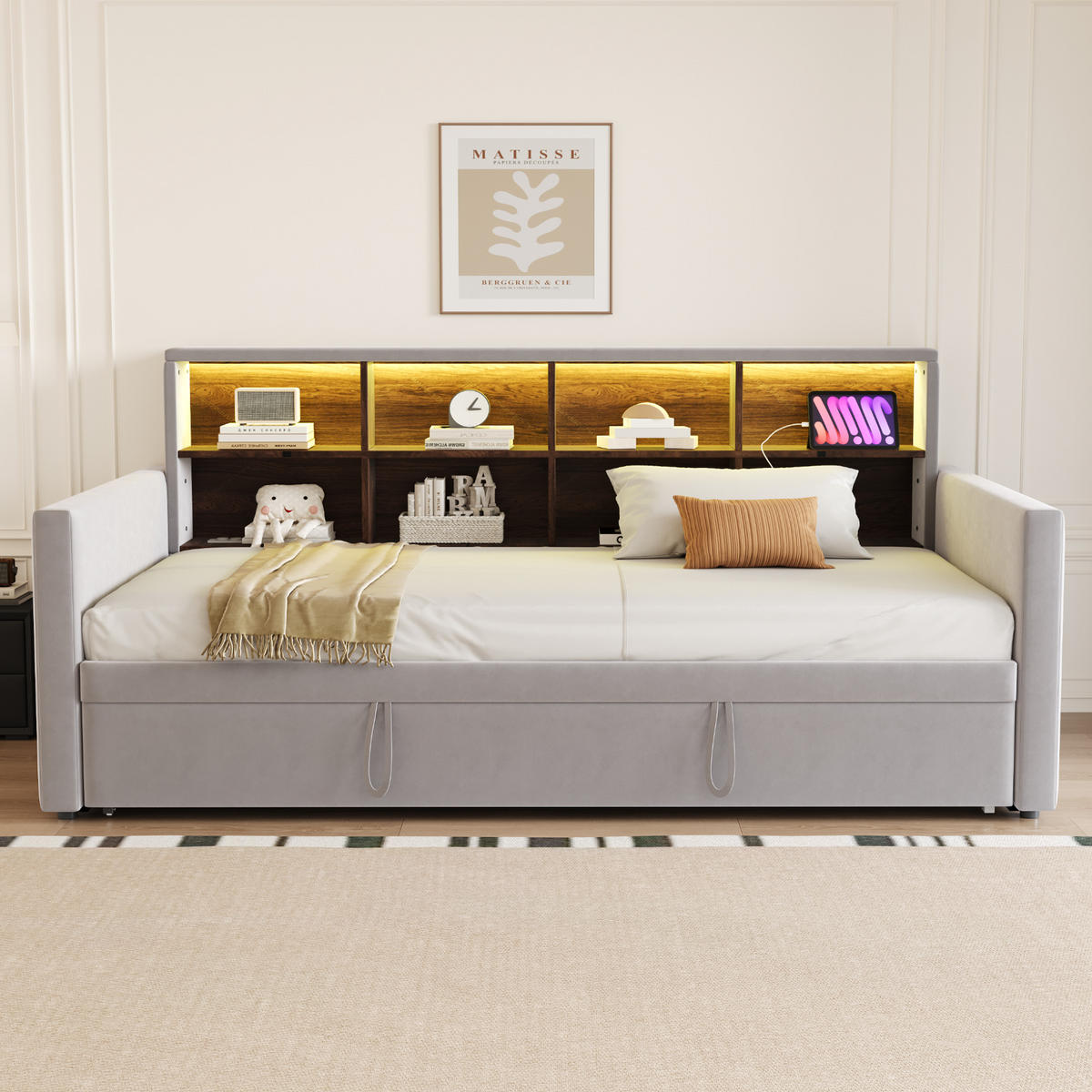 POLSTERBETT 90/190 cm Hellgrau aus Samt mit Ausziehbett und LED-Beleuchtung - Hellgrau, Textil (90/190cm) - OKWISH