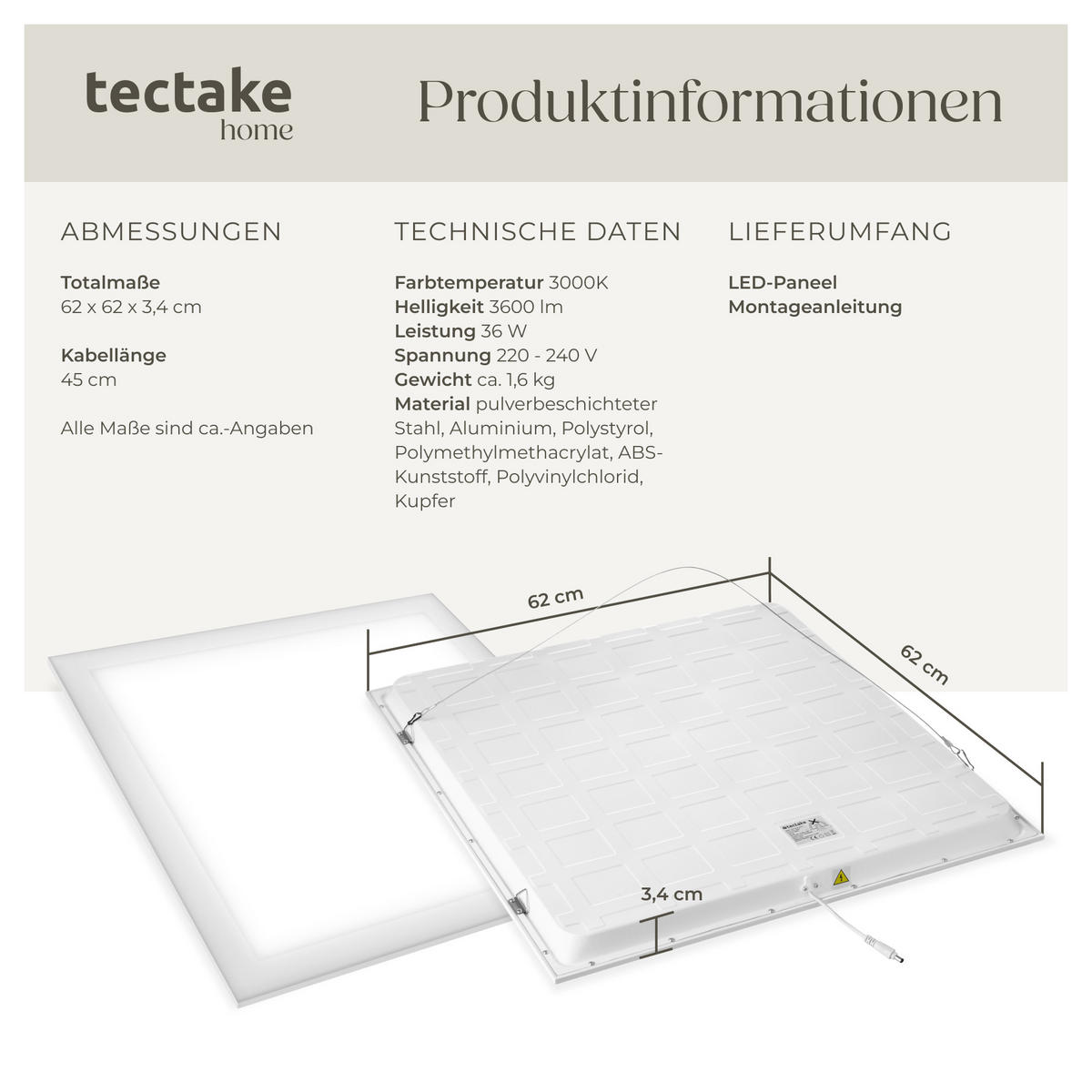 LED-PANEEL Lucerna,vielseitige Einsatzmöglichkeiten,weiß - Weiß, Textil (62/62/3.4cm) - tectake