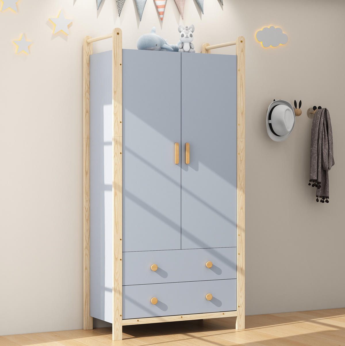 KLEIDERSCHRANK aus Kiefernholz und Spanplatte 89,6x44x180,5 cm Blau/Natur mit Kleiderstange, 2 Schubladen und platzsparendem Design - Blau, Holzwerkstoff (90/180/45cm) - Modfu