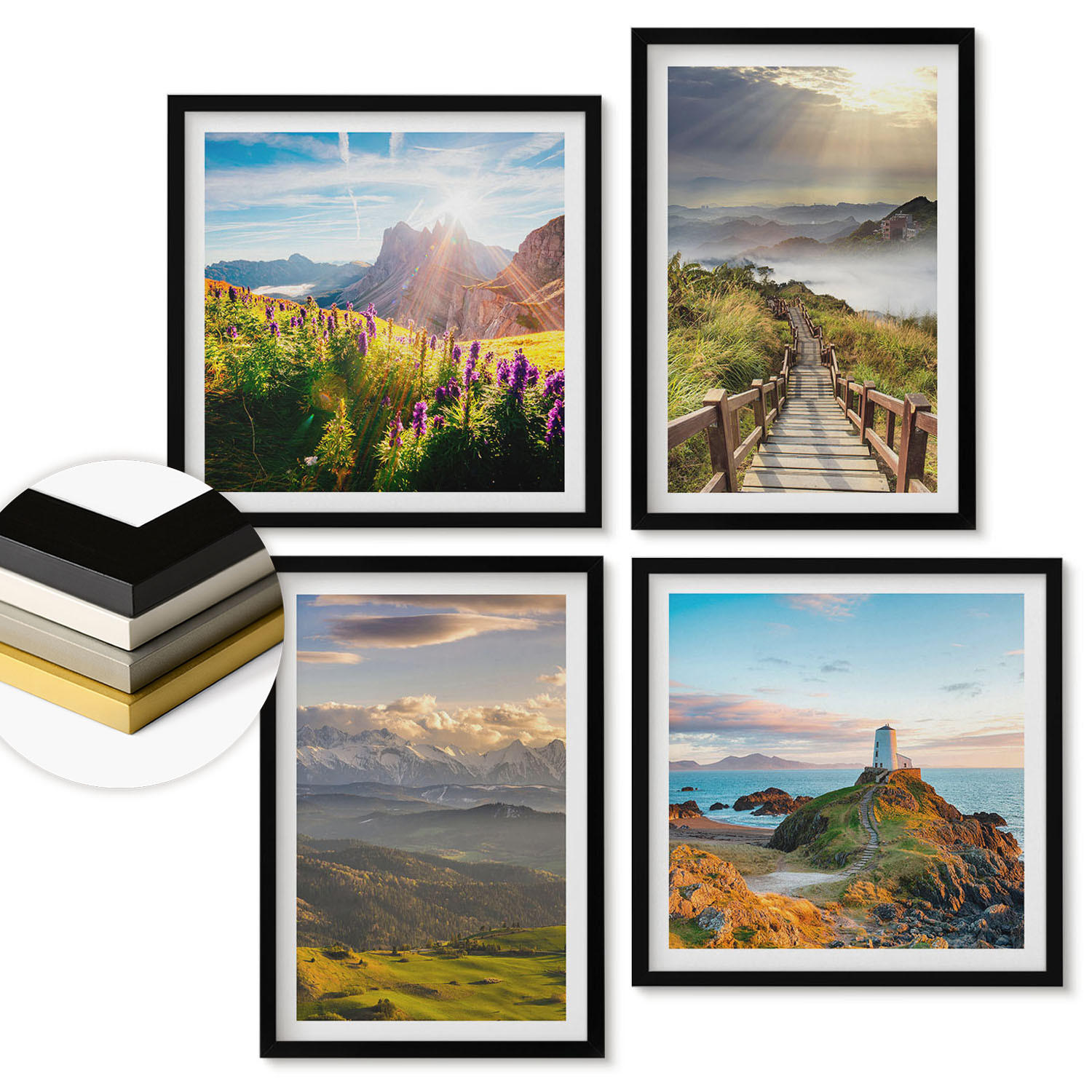WANDBILDER 4er-Set - 50x50 cm & 40x60 cm Schwarzer Rahmen - Bergblumen Himmelsweg - Schwarz, Kunststoff (50/50cm) - ArtPrintCave