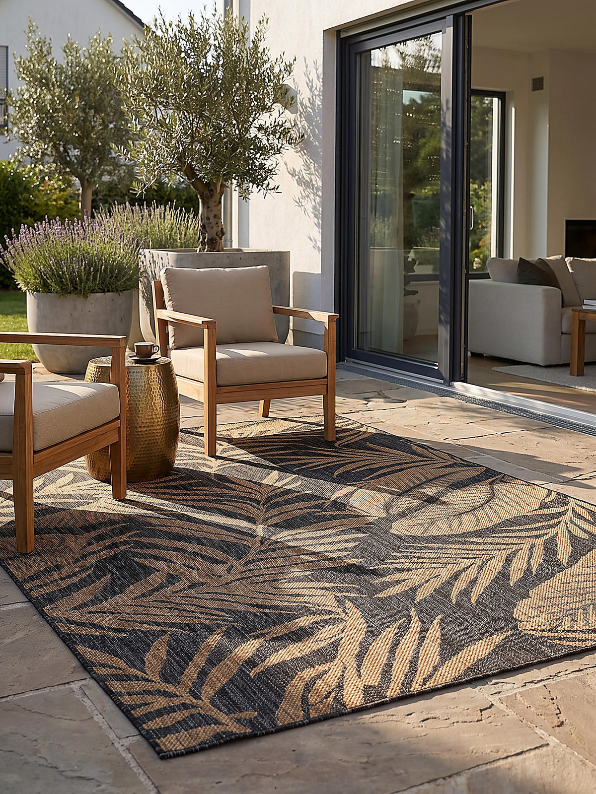 TEPPICH Flachgewebe, Outdoor, Fußbodenheizung-geeignet, mit Blattmotiv, VIGOLENO in Schwarz-Beige, 240 x 340 cm - Schwarz, Textil (240/340cm) - KADIMA DESIGN