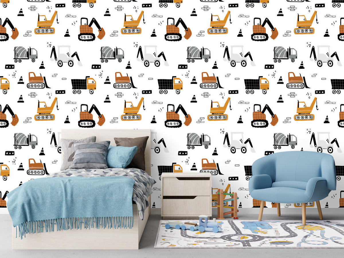 VLIESTAPETE Kräne, Bagger und Baumaschinen – Orange, Schwarz, Weiß – 50x1000 cm - Schwarz/Orange, Papier (50/1000cm) - Muralo