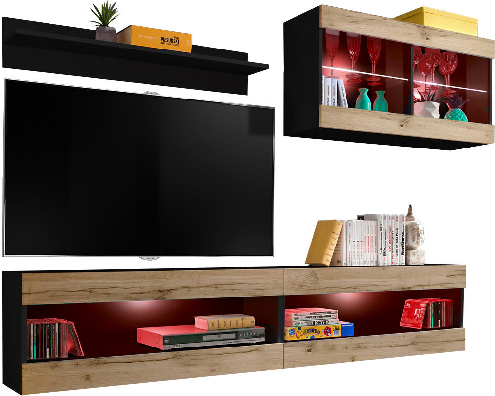 WOHNWAND 4-er Set, TIVOLI SET6 mit mehrfarbige LED RGB Beleuchtung Schwarz + Wotan, Offener Raum - Eiche Wotan, Glas/Holzwerkstoff (240/195/35cm) - Komodee