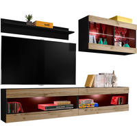 WOHNWAND 4-er Set, TIVOLI SET6 mit mehrfarbige LED RGB Beleuchtung Schwarz + Wotan, Offener Raum - Eiche Wotan, Glas/Holzwerkstoff (240/195/35cm) - Komodee