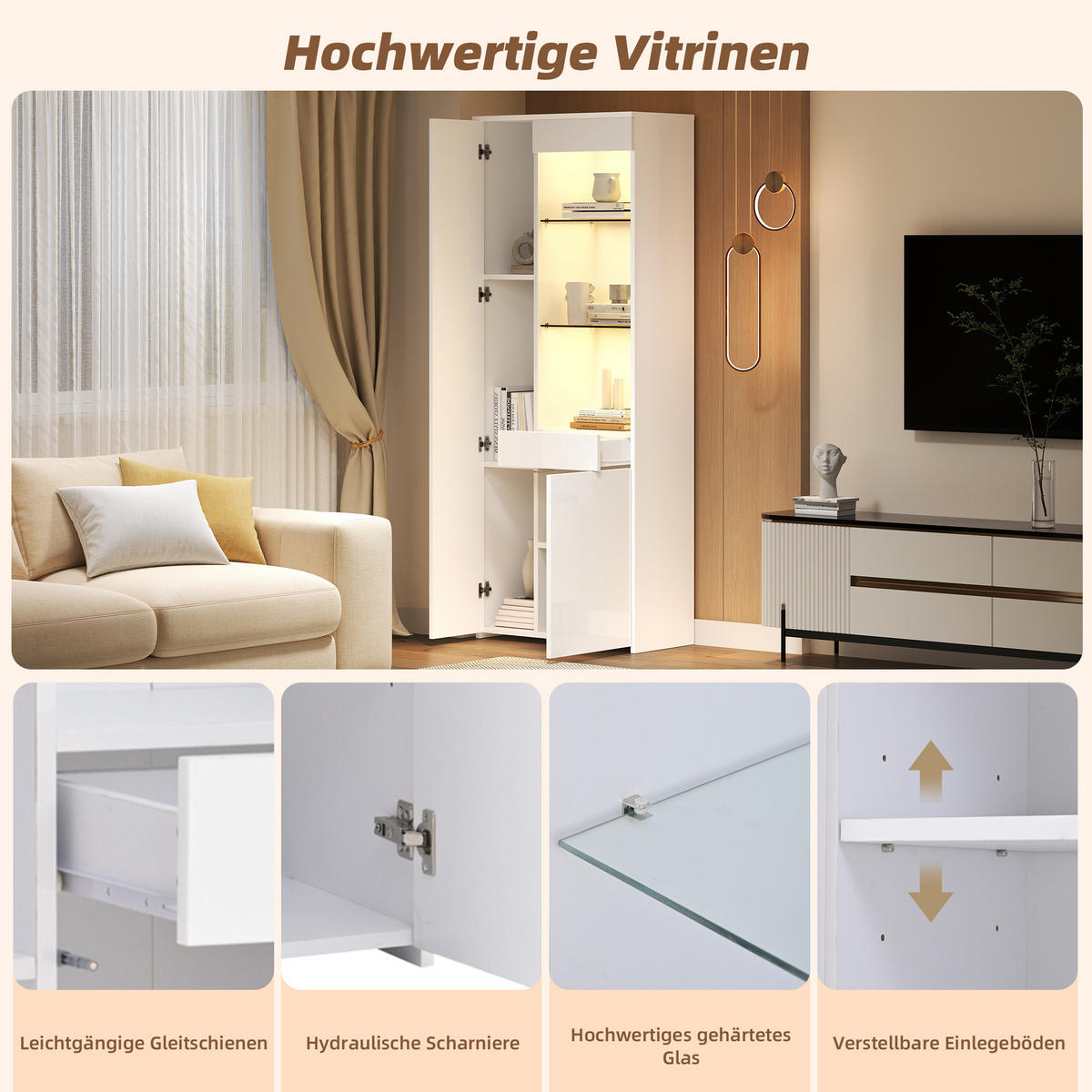 VITRINE LED Hochglanz Glas 2 Schubladen Standvitrine 180cm - Weiß, Holzwerkstoff (70/180/35cm) - FLIEKS