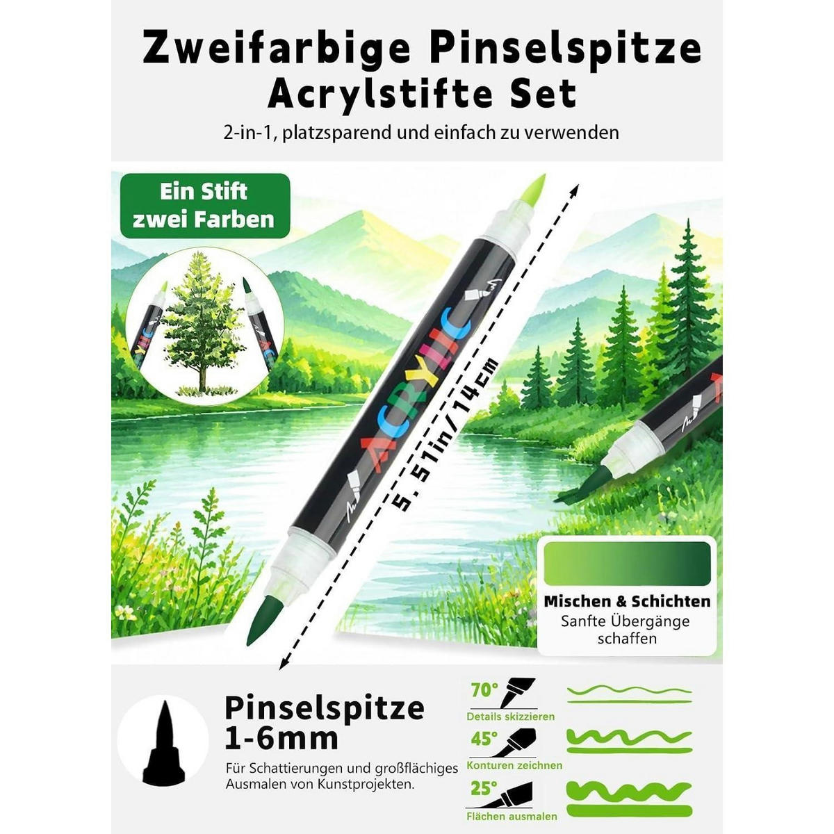 ACRYLSTIFTE Set 60 Stück mit App Doppelspitze 120 Farben - Multicolor, Kunststoff (1/1/14cm)