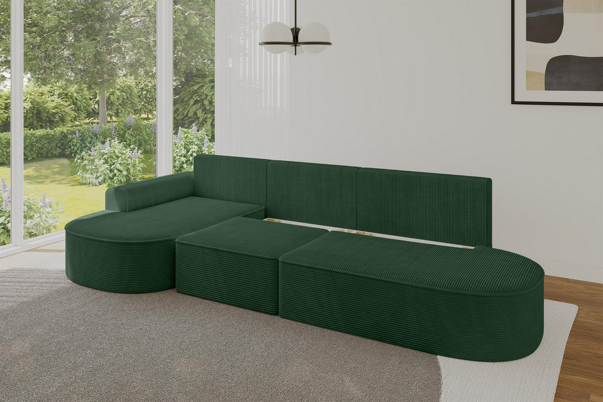 ECKSOFA mit Schlaffunktion Ottomane Links MARI L2-S 368X167X85 Grün Cord - Dunkelgrün/Schwarz, Holzwerkstoff/Kunststoff (368/167cm) - ALTDECOR