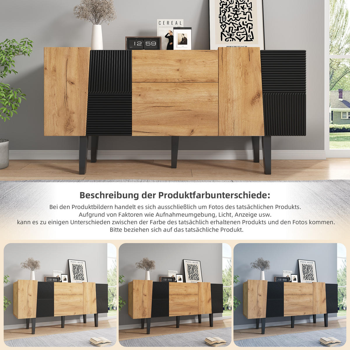 SIDEBOARD Holz Stauraum TV-Schrank mit Massivholzbeinen 60 Zoll - Eichefarben, Holzwerkstoff (140/70/40cm) - FLIEKS