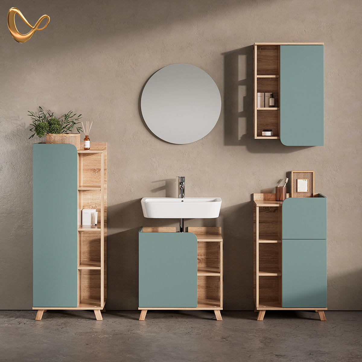 BADSCHRANK Marano Blau-Grau 50 x 75 cm mit Tür und offenen Fächern - Blaugrau/Sonoma Eiche, Holzwerkstoff (50/75/20cm) - Livinity®