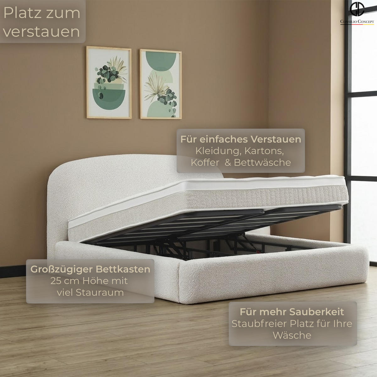 BOXSPRINGBETT MIT BETTKASTEN EVORA 180/200 cm, Ivory, Bettkasten, Matratze, Topper integriert, H3 mittel - Creme/Schwarz, Holz/Kunststoff (180/200cm) - Consilio Concept