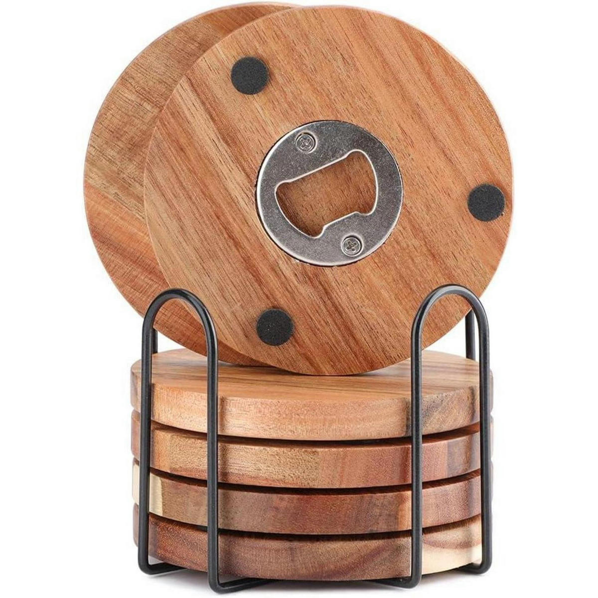 UNTERSETZER Holz 6er Set mit Flaschenöffner - Braun, Holz (10/10cm)