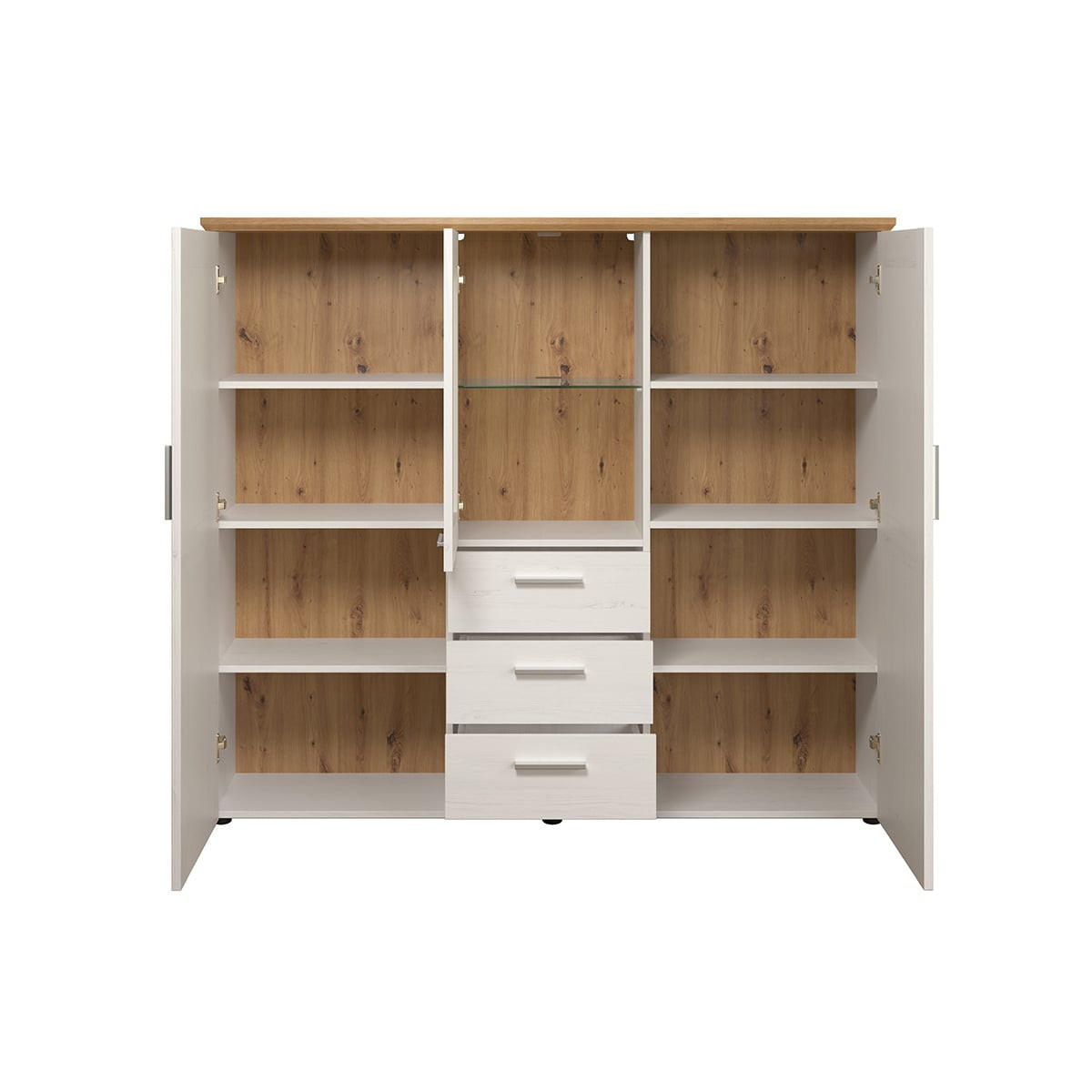 GESCHIRRSCHRANK 3 Türen, davon eine mit gehärtetem Glas, 3 Schubladen L159 cm - Shade - Pinienfarben, Holzwerkstoff (159/140/41cm) - Trendteam